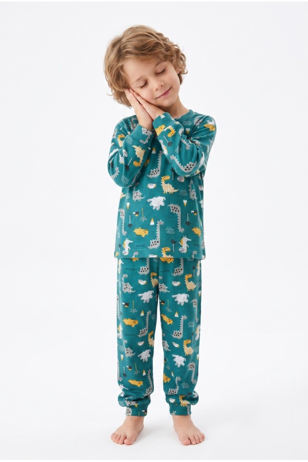 Erkek Çocuk Dinozor Desenli %100 Pamuk Reaktif Boyama İnterlok Kumaşş Uzun Kollu Pijama Takımı