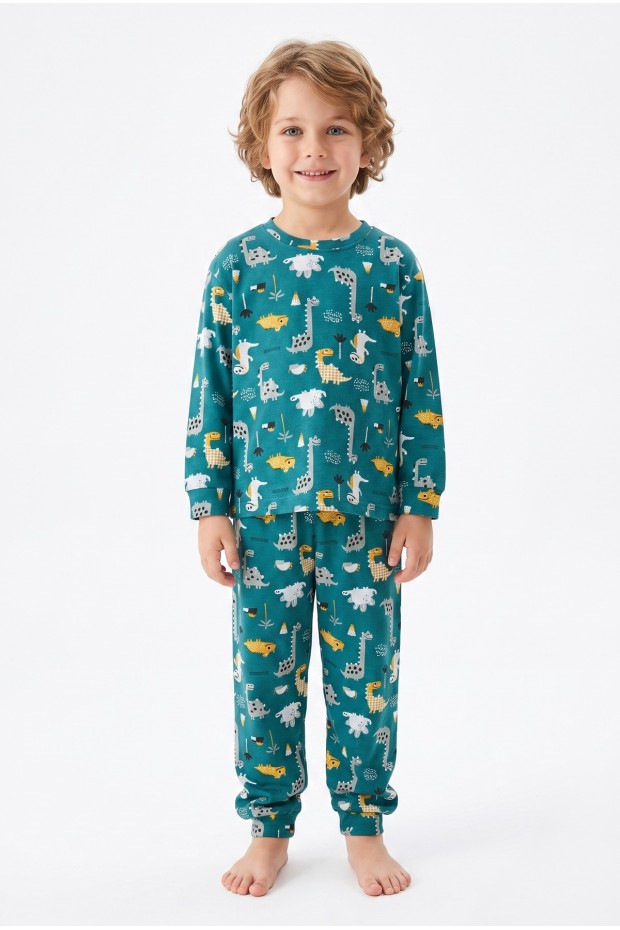 Erkek Çocuk Dinozor Desenli %100 Pamuk Reaktif Boyama İnterlok Kumaşş Uzun Kollu Pijama Takımı