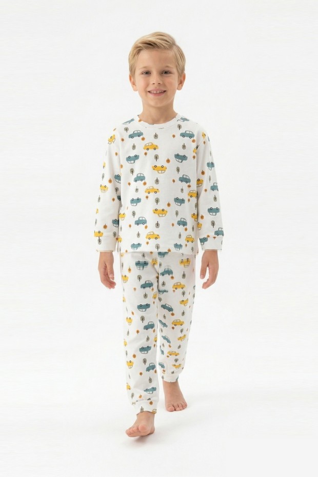 Erkek Çocuk Araba ve Ağaç Desenli %100 Pamuk Reaktif Boyama İnterlok Kumaş Uzun Kollu Pijama Takımı