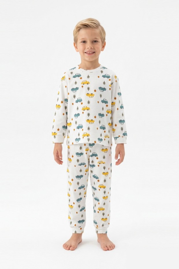 Erkek Çocuk Araba ve Ağaç Desenli %100 Pamuk Reaktif Boyama İnterlok Kumaş Uzun Kollu Pijama Takımı