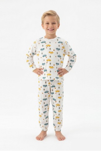 Erkek Çocuk Araba ve Ağaç Desenli %100 Pamuk Reaktif Boyama İnterlok Kumaş Uzun Kollu Pijama Takımı