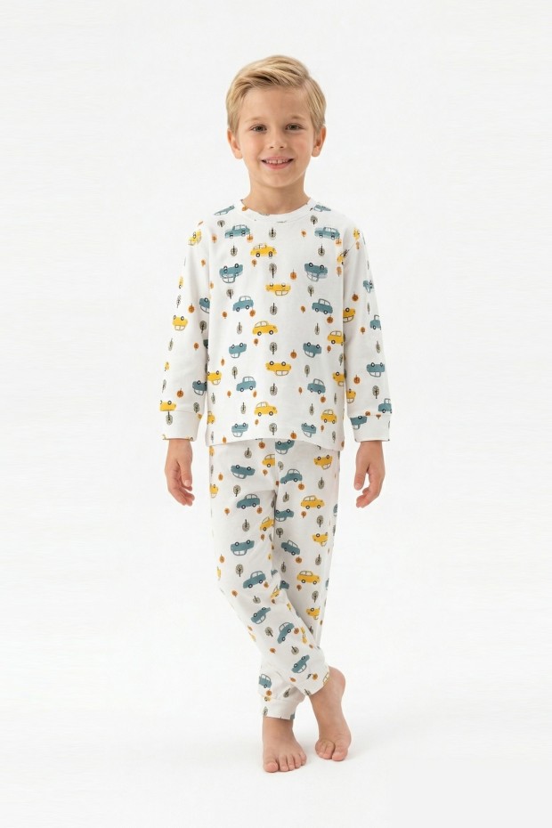 Erkek Çocuk Araba ve Ağaç Desenli %100 Pamuk Reaktif Boyama İnterlok Kumaş Uzun Kollu Pijama Takımı