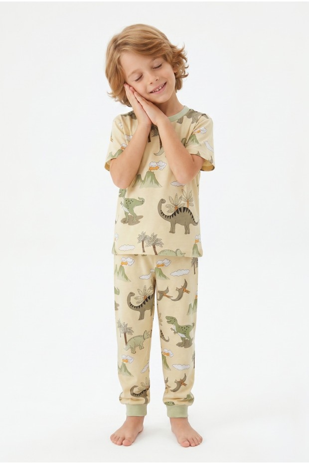Erkek Çocuk Dinozor Desenli %100 Pamuk Süprem Kumaş Kısa Kollu Pijama