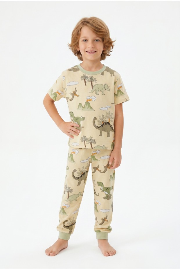 Erkek Çocuk Dinozor Desenli %100 Pamuk Süprem Kumaş Kısa Kollu Pijama