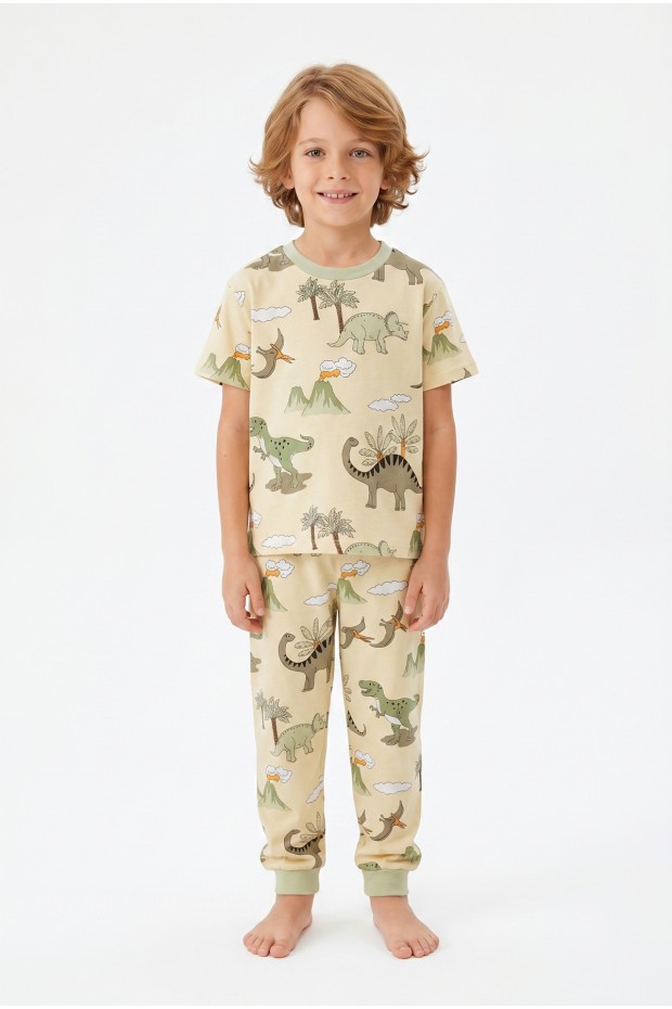 Erkek Çocuk Dinozor Desenli %100 Pamuk Süprem Kumaş Kısa Kollu Pijama
