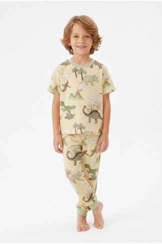 Erkek Çocuk Dinozor Desenli %100 Pamuk Süprem Kumaş Kısa Kollu Pijama
