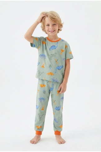 Erkek Çocuk Dinozor Desenli %100 Pamuk Reaktif Boyalı Süprem Kumaş Kısa Kollu Pijama Takımı 