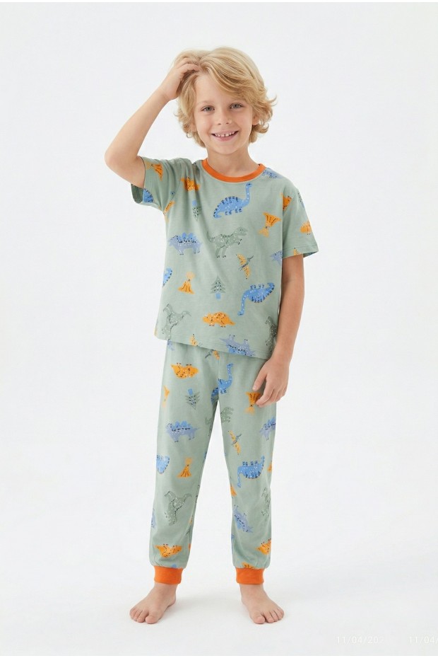Erkek Çocuk Dinozor Desenli %100 Pamuk Reaktif Boyalı Süprem Kumaş Kısa Kollu Pijama Takımı 