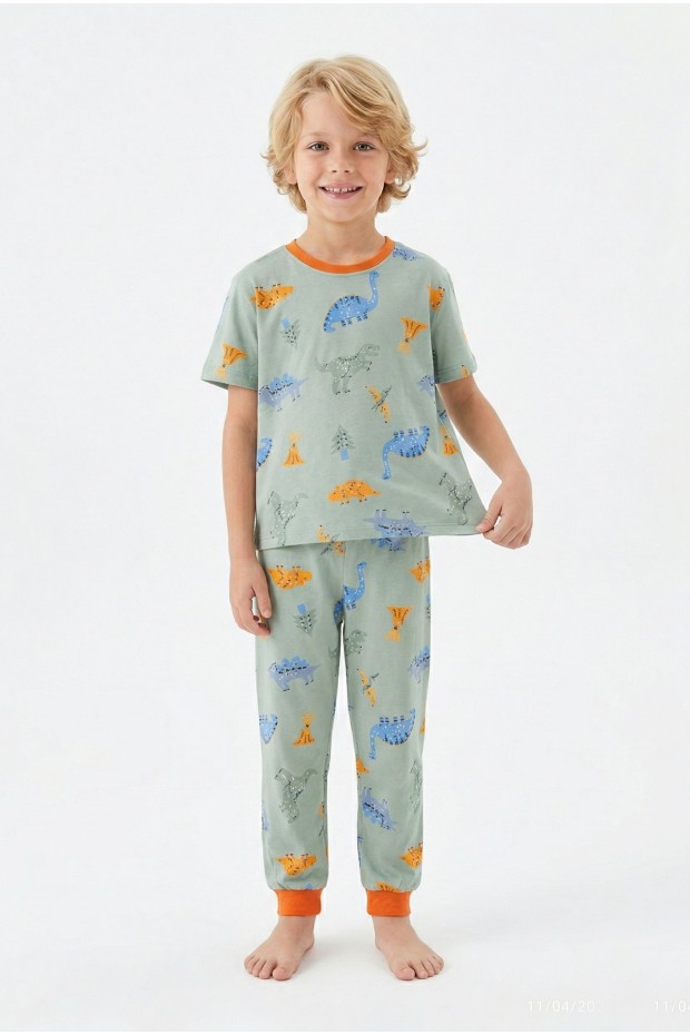 Erkek Çocuk Dinozor Desenli %100 Pamuk Reaktif Boyalı Süprem Kumaş Kısa Kollu Pijama Takımı 