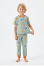 Erkek Çocuk Dinozor Desenli %100 Pamuk Reaktif Boyalı Süprem Kumaş Kısa Kollu Pijama Takımı 