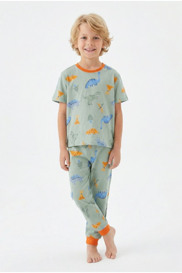 Erkek Çocuk Dinozor Desenli %100 Pamuk Reaktif Boyalı Süprem Kumaş Kısa Kollu Pijama Takımı 