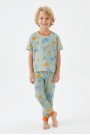 Erkek Çocuk Dinozor Desenli %100 Pamuk Reaktif Boyalı Süprem Kumaş Kısa Kollu Pijama Takımı 