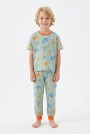 Erkek Çocuk Dinozor Desenli %100 Pamuk Reaktif Boyalı Süprem Kumaş Kısa Kollu Pijama Takımı 