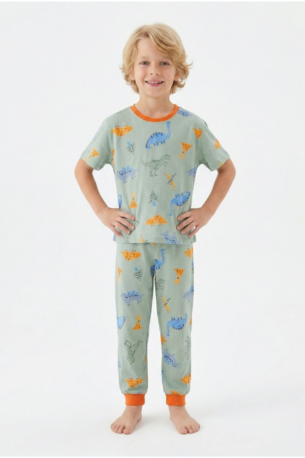 Erkek Çocuk Dinozor Desenli %100 Pamuk Reaktif Boyalı Süprem Kumaş Kısa Kollu Pijama Takımı 