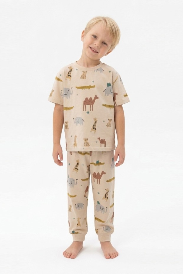Erkek Çocuk Safari Hayvan Desenli  %100 Pamuk Reaktif Boyalı Süprem Kumaş Kısa Kollu Pijama Takımı