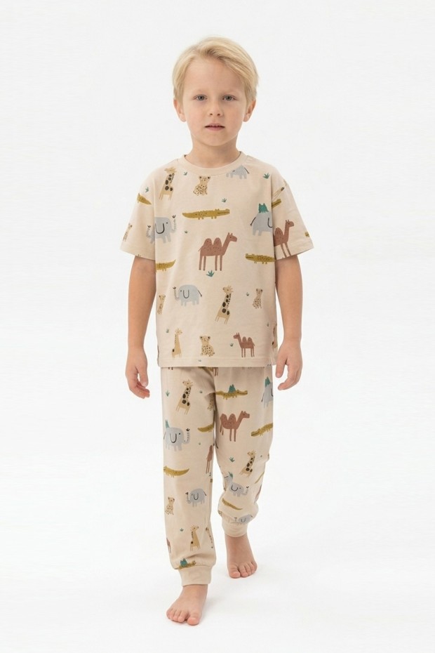 Erkek Çocuk Safari Hayvan Desenli  %100 Pamuk Reaktif Boyalı Süprem Kumaş Kısa Kollu Pijama Takımı