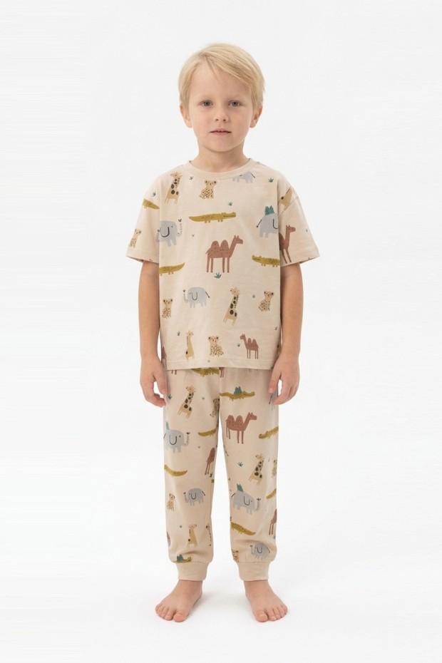 Erkek Çocuk Safari Hayvan Desenli  %100 Pamuk Reaktif Boyalı Süprem Kumaş Kısa Kollu Pijama Takımı