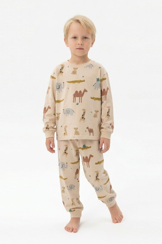 Erkek Çocuk Safari Hayvan Desenli  %100 Pamuk Reaktif Boyalı Süprem Kumaş Kısa Kollu Pijama Takımı