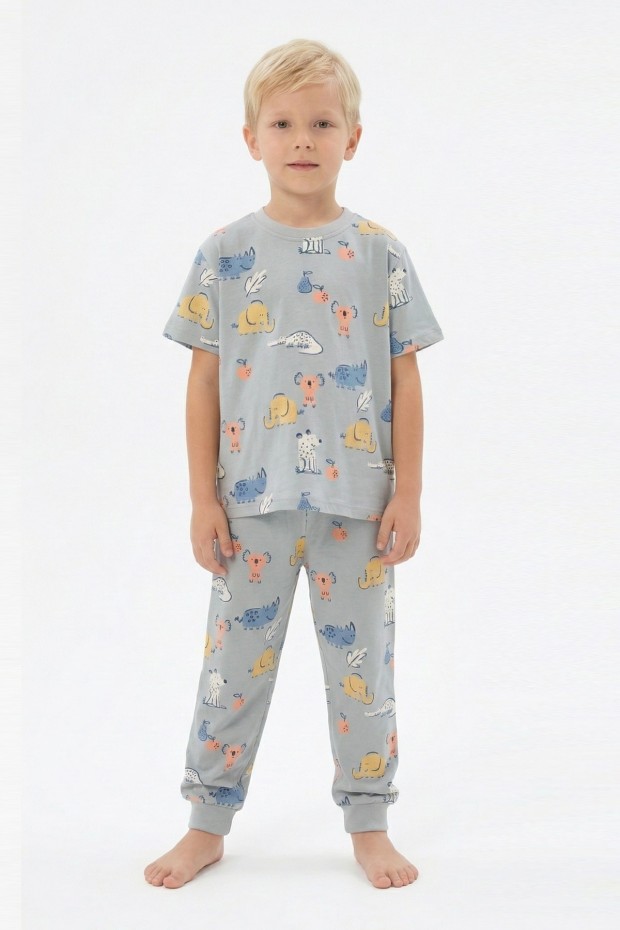 Erkek Çocuk Koala ve Fil Figürlü %100 Pamuk Reaktif Boyalı Süprem Kumaş Kısa Kollu Pijama Takımı