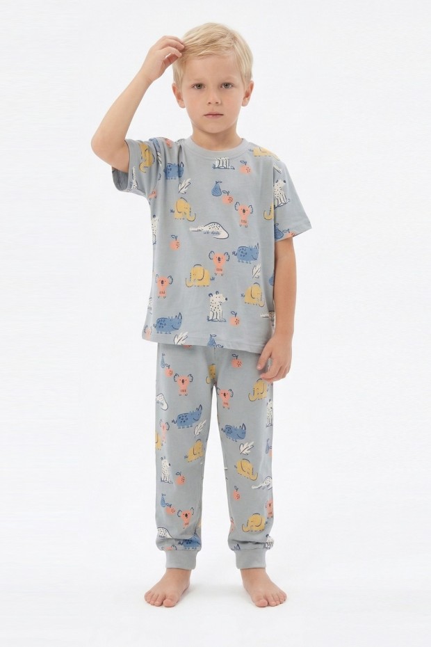 Erkek Çocuk Koala ve Fil Figürlü %100 Pamuk Reaktif Boyalı Süprem Kumaş Kısa Kollu Pijama Takımı