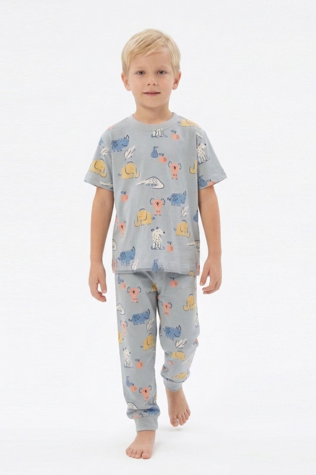 Erkek Çocuk Koala ve Fil Figürlü %100 Pamuk Reaktif Boyalı Süprem Kumaş Kısa Kollu Pijama Takımı
