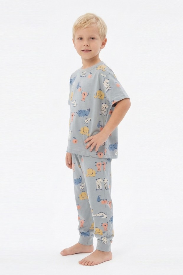 Erkek Çocuk Koala ve Fil Figürlü %100 Pamuk Reaktif Boyalı Süprem Kumaş Kısa Kollu Pijama Takımı