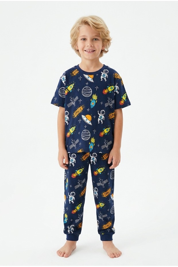 Erkek Çocuk Uzay Desenli %100 Pamuk Süprem Kumaş Kısa Kollu Pijama Takımı