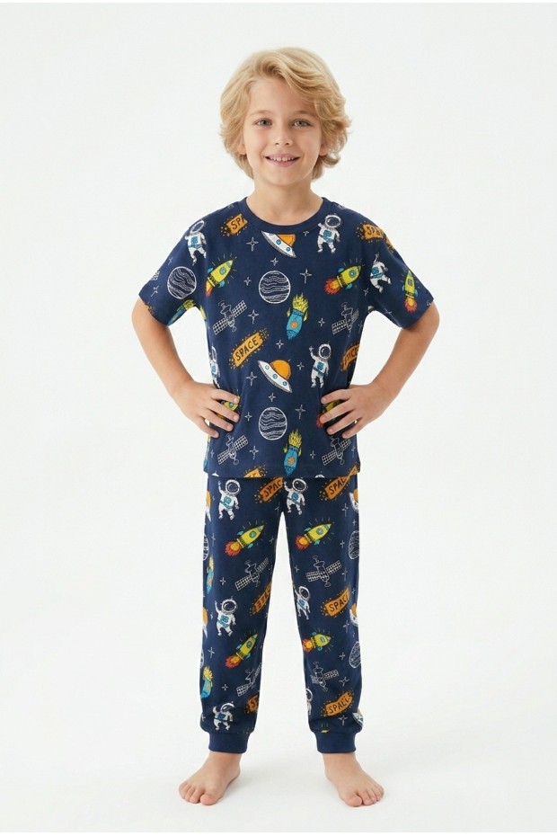 Erkek Çocuk Uzay Desenli %100 Pamuk Süprem Kumaş Kısa Kollu Pijama Takımı