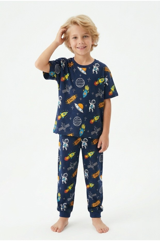 Erkek Çocuk Uzay Desenli %100 Pamuk Süprem Kumaş Kısa Kollu Pijama Takımı