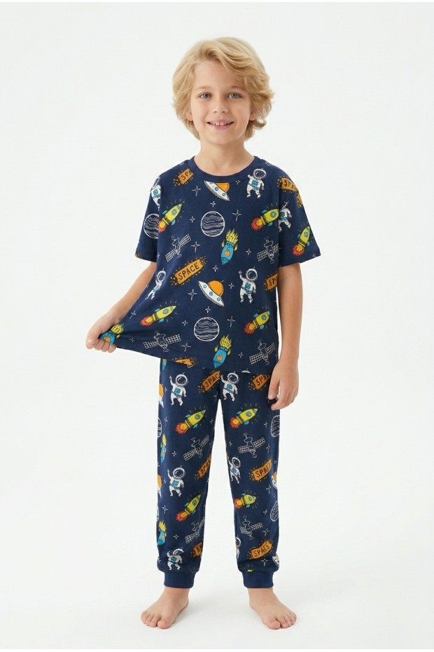 Erkek Çocuk Uzay Desenli %100 Pamuk Süprem Kumaş Kısa Kollu Pijama Takımı