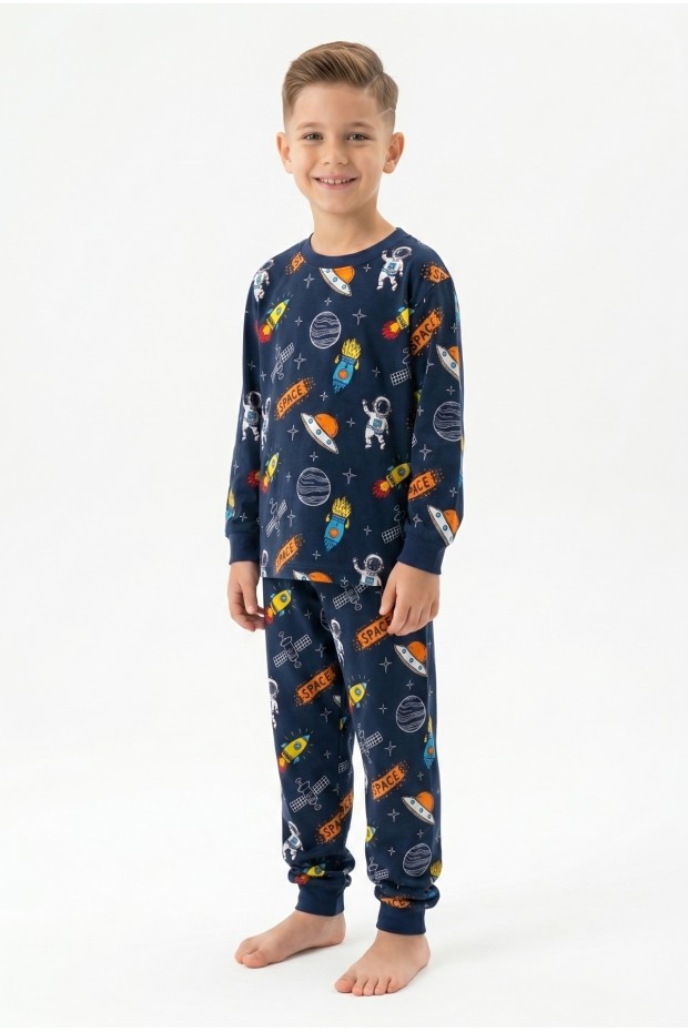 Erkek Çocuk Astronot ve Uzay Desenli %100 Pamuk Süprem Kumaş Uzun Kollu Pijama Takımı