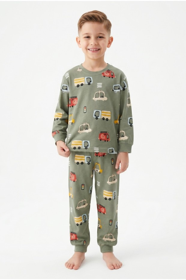 Erkek Çocuk Araba Desenli %100 Pamuk Süprem Kumaş Uzun Kollu Pijama Takımı