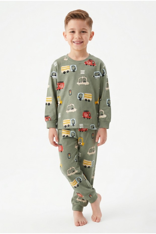 Erkek Çocuk Araba Desenli %100 Pamuk Süprem Kumaş Uzun Kollu Pijama Takımı
