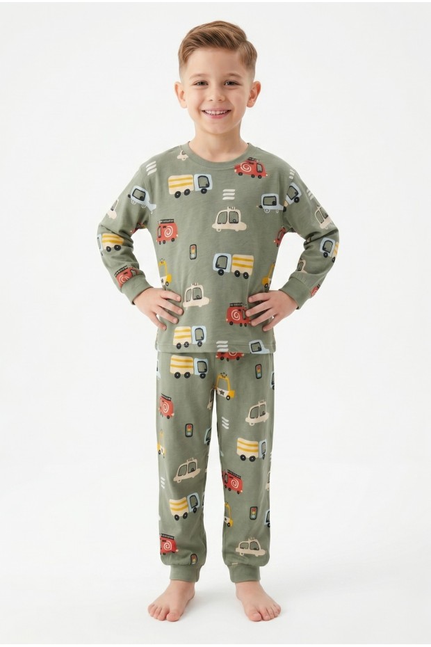 Erkek Çocuk Araba Desenli %100 Pamuk Süprem Kumaş Uzun Kollu Pijama Takımı