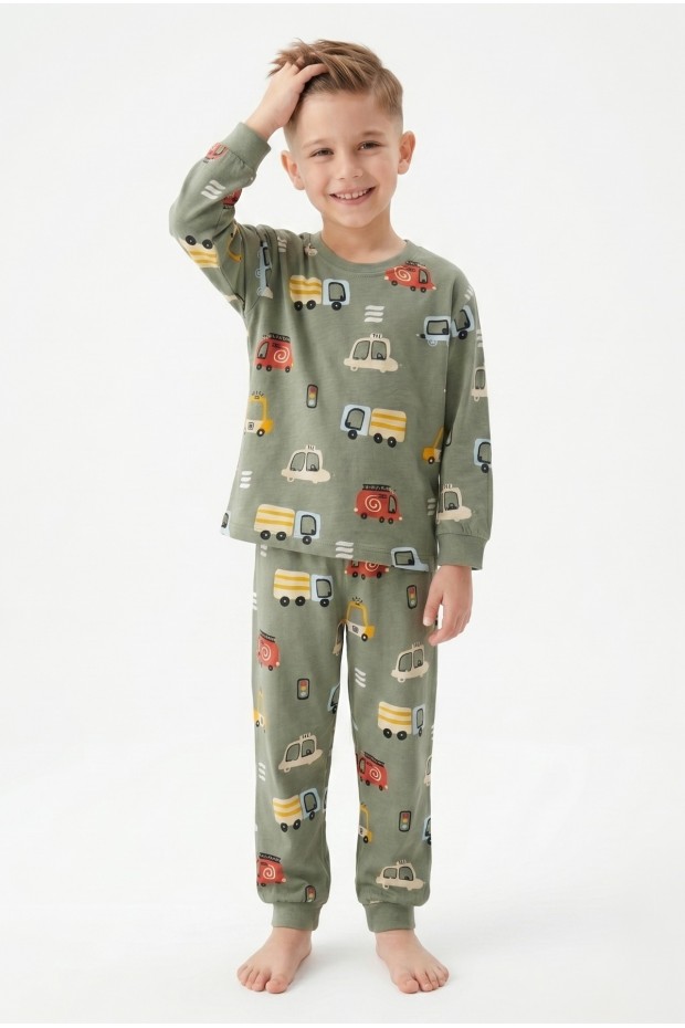 Erkek Çocuk Araba Desenli %100 Pamuk Süprem Kumaş Uzun Kollu Pijama Takımı