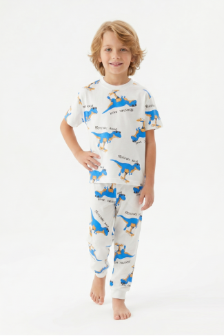 Erkek Çocuk Dinozor Desenli %100 Pamuk Süprem Kumaş Kısa Kollu  Pijama Takımı 