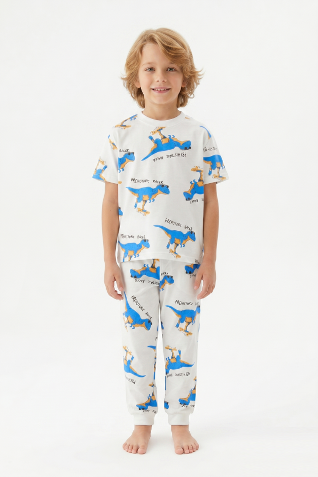 Erkek Çocuk Dinozor Desenli %100 Pamuk Süprem Kumaş Kısa Kollu  Pijama Takımı 
