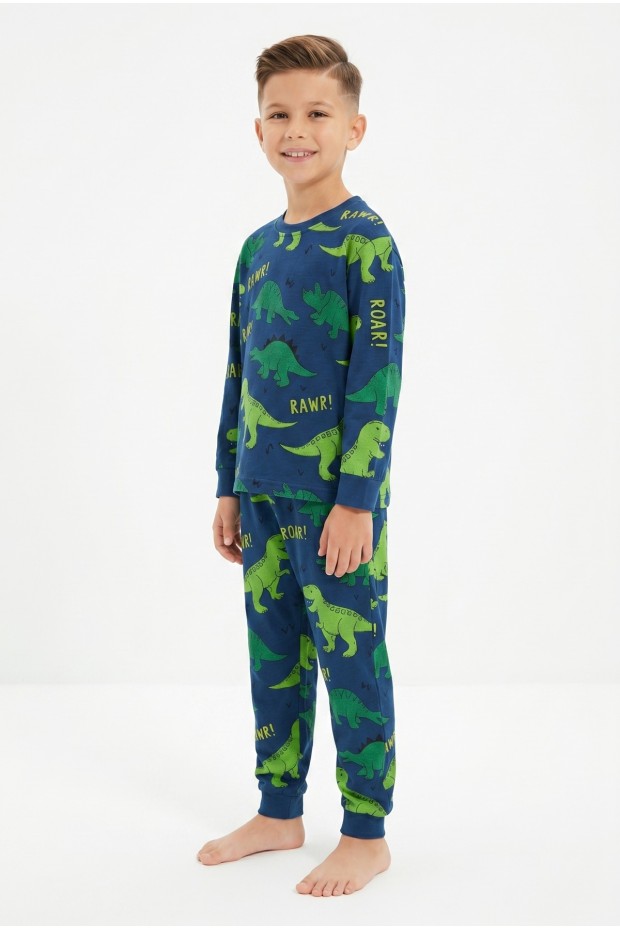 Erkek Çocuk Dinozor Desenli %100 Pamuk Süprem Kumaş Uzun Kollu Pijama Takımı 