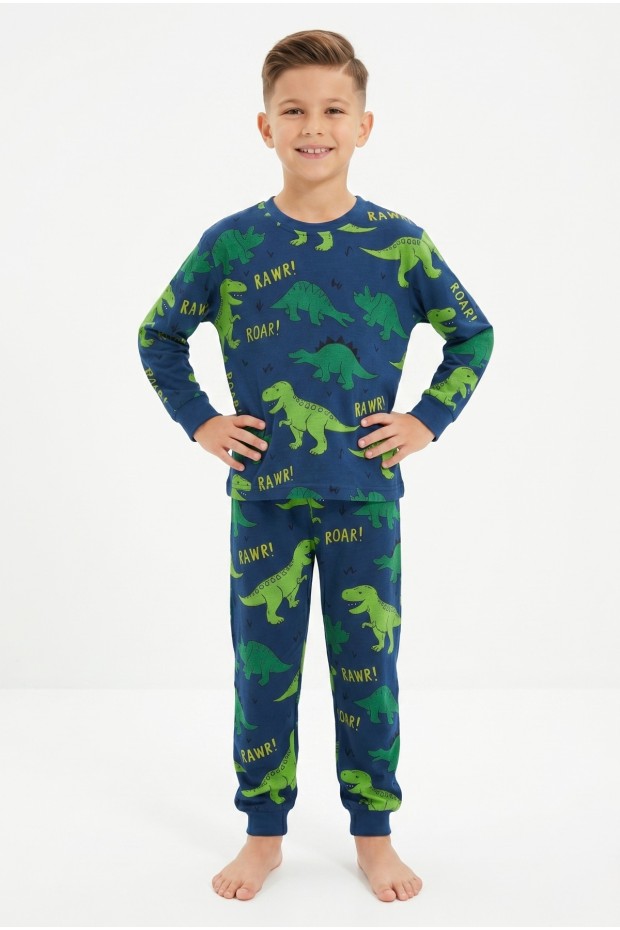 Erkek Çocuk Dinozor Desenli %100 Pamuk Süprem Kumaş Uzun Kollu Pijama Takımı 