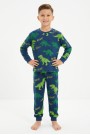 Erkek Çocuk Dinozor Desenli %100 Pamuk Süprem Kumaş Uzun Kollu Pijama Takımı 