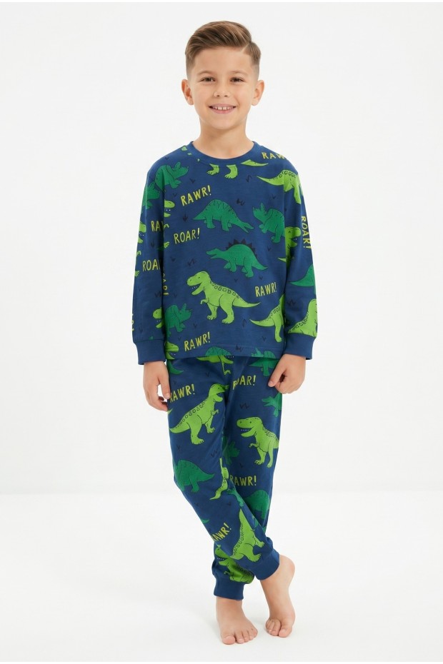 Erkek Çocuk Dinozor Desenli %100 Pamuk Süprem Kumaş Uzun Kollu Pijama Takımı 