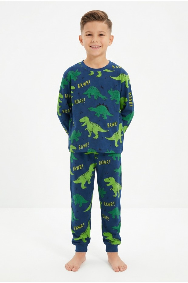 Erkek Çocuk Dinozor Desenli %100 Pamuk Süprem Kumaş Uzun Kollu Pijama Takımı 