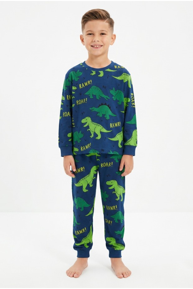 Erkek Çocuk Dinozor Desenli %100 Pamuk Süprem Kumaş Uzun Kollu Pijama Takımı 