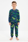 Erkek Çocuk Dinozor Desenli %100 Pamuk Süprem Kumaş Uzun Kollu Pijama Takımı 