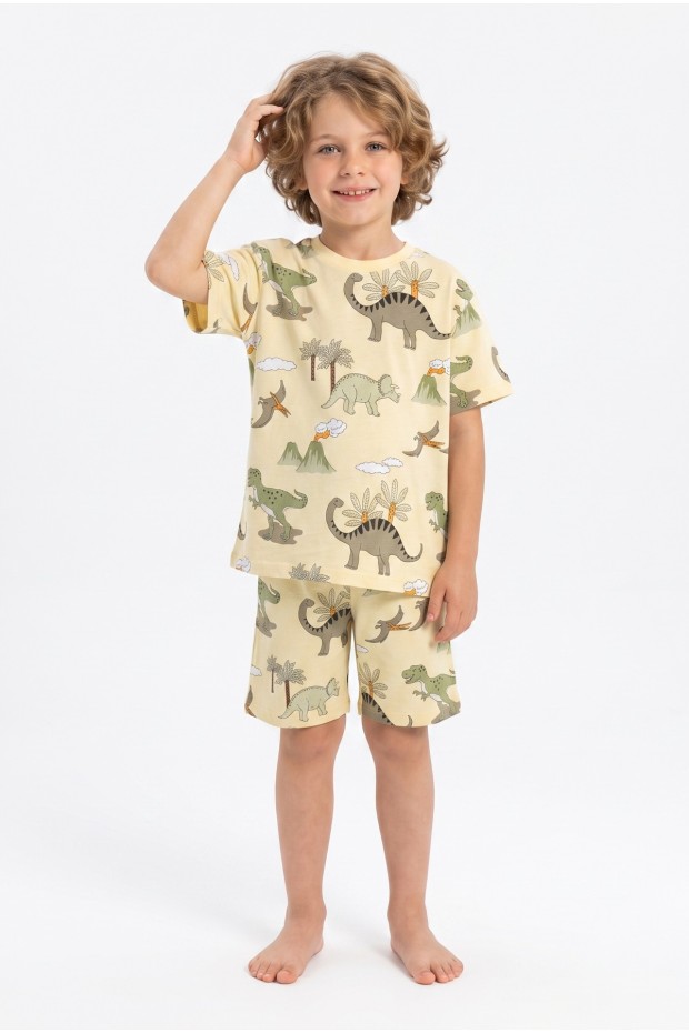 Erkek Çocuk Dinozor Desenli %100 Pamuk Reaktif Boyama Süprem Kumaş Kısa Kollu Şortlu Pijama Takımı