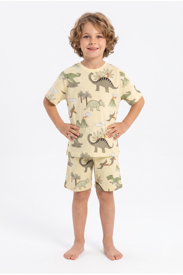 Erkek Çocuk Dinozor Desenli %100 Pamuk Reaktif Boyama Süprem Kumaş Kısa Kollu Şortlu Pijama Takımı