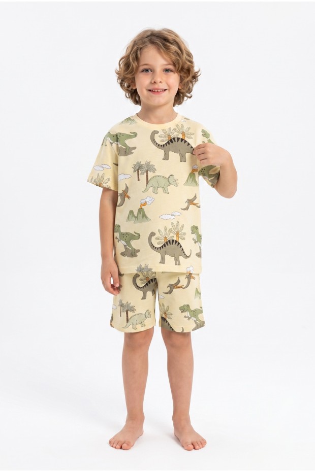 Erkek Çocuk Dinozor Desenli %100 Pamuk Reaktif Boyama Süprem Kumaş Kısa Kollu Şortlu Pijama Takımı