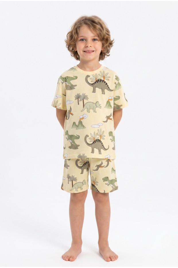 Erkek Çocuk Dinozor Desenli %100 Pamuk Reaktif Boyama Süprem Kumaş Kısa Kollu Şortlu Pijama Takımı
