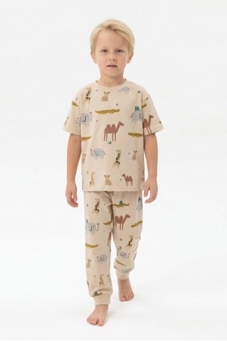 Erkek Çocuk Safari Hayvan Desenli  %100 Pamuk Reaktif Boyalı Süprem Kumaş Kısa Kollu Pijama Takımı