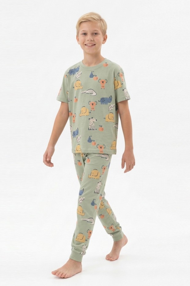 Garson Erkek Çocuk Koala ve Fil Desenli %100 Pamuk Reaktif Boyalı Süprem Kumaş Kısa Kollu Pijama Takımı